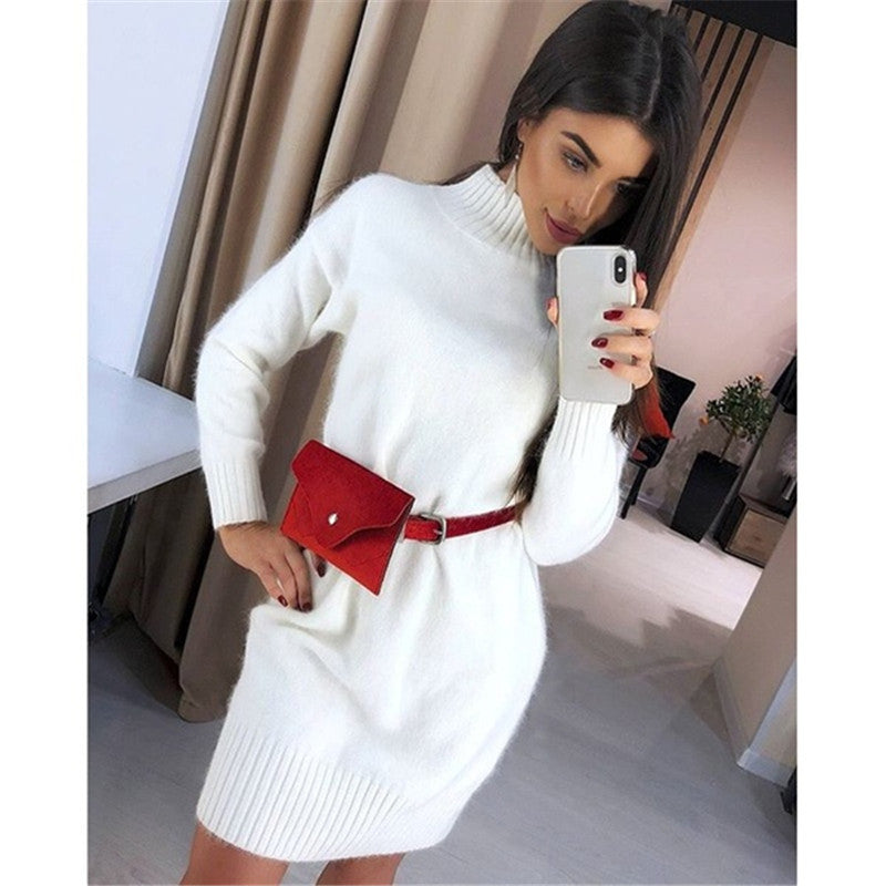 Damen Strickkleid mit hohem Kragen und Rippstruktur EB