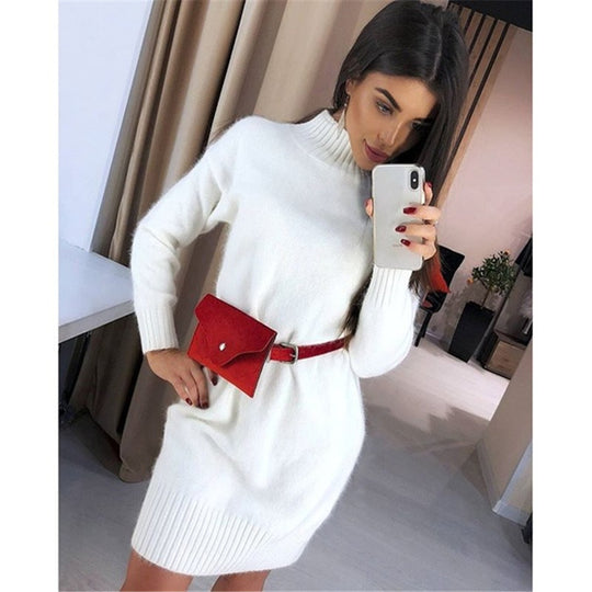 Damen Strickkleid mit hohem Kragen und Rippstruktur EB