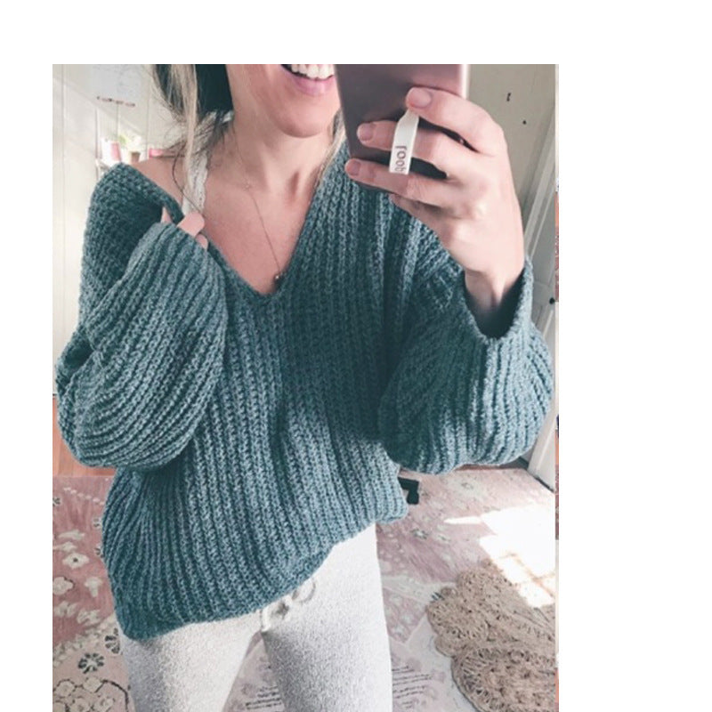 Damen Grobstrickpullover mit lässigem V-Ausschnitt und weiten Ärmeln EB