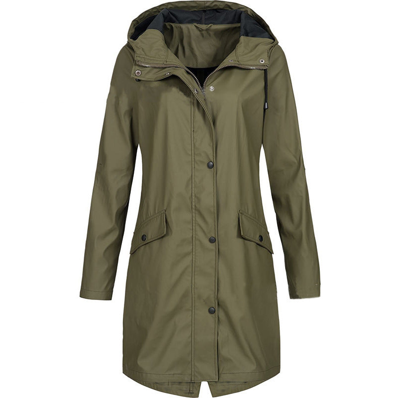 Damen nan wasserfester langer Regenmantel mit Kapuze und tailliertem Schnitt EB