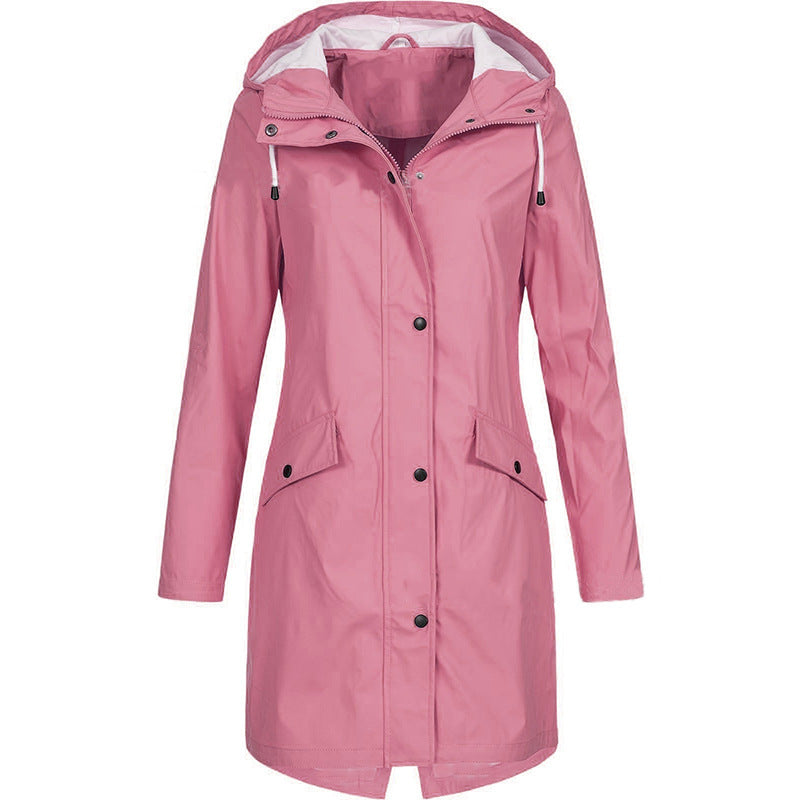 Damen nan wasserfester langer Regenmantel mit Kapuze und tailliertem Schnitt EB
