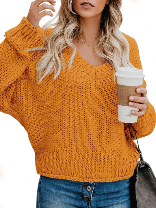 Damen lässiger Strickpullover mit V-Ausschnitt und weitem Schnitt EB