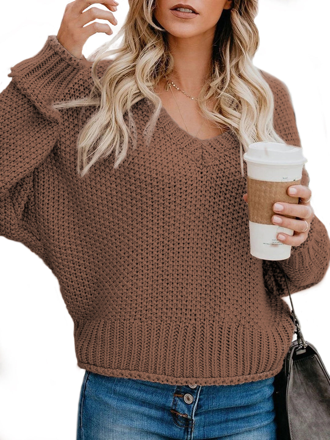 Damen lässiger Strickpullover mit V-Ausschnitt und weitem Schnitt EB