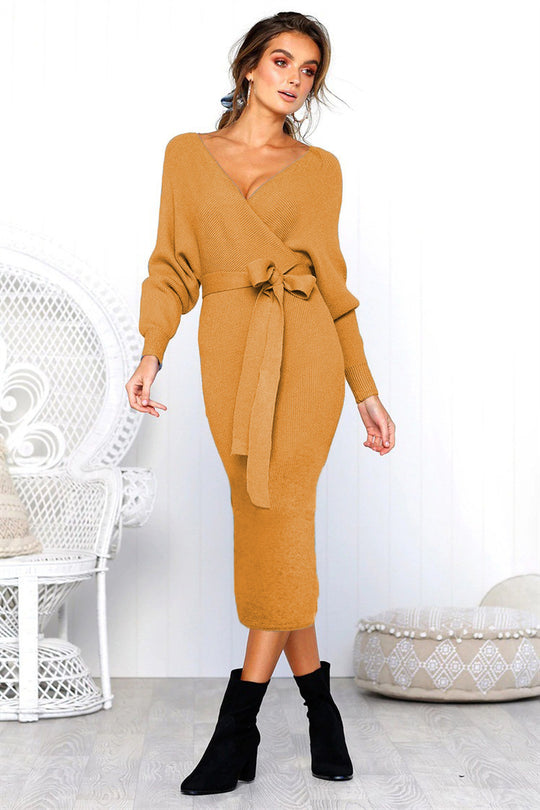 Damen Elegantes Wickelkleid mit einem Taillengürtel aus Strick EB