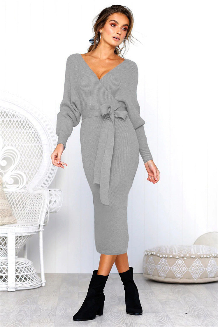 Damen Elegantes Wickelkleid mit einem Taillengürtel aus Strick EB
