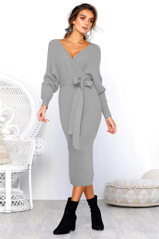 Damen Elegantes Wickelkleid mit einem Taillengürtel aus Strick EB
