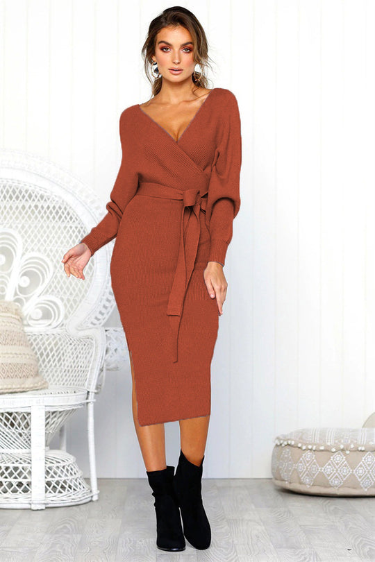 Damen Elegantes Wickelkleid mit einem Taillengürtel aus Strick EB