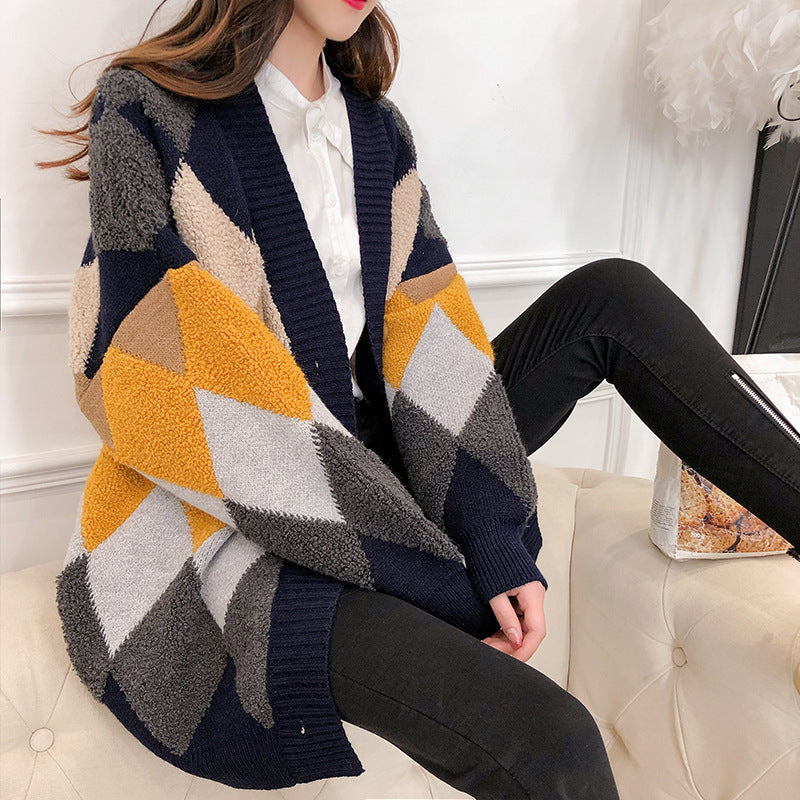 Damen lockerer Strickcardigan mit geometrischem Muster EB