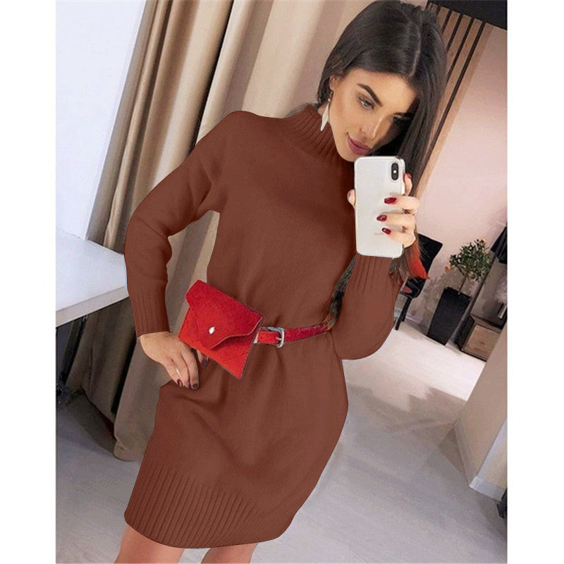 Damen Strickkleid mit hohem Kragen und Rippstruktur EB