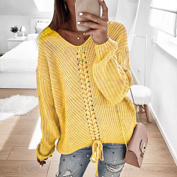 Damen lässiger Strickpullover mit modischem Schnürdetail EB