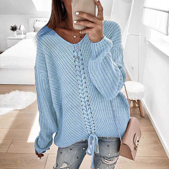 Damen lässiger Strickpullover mit modischem Schnürdetail EB