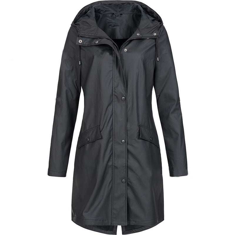 Damen nan wasserfester langer Regenmantel mit Kapuze und tailliertem Schnitt EB