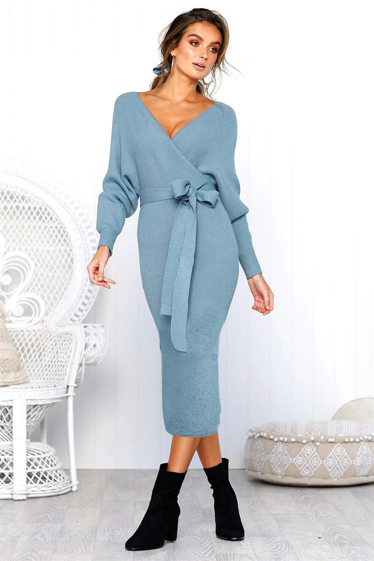 Damen Elegantes Wickelkleid mit einem Taillengürtel aus Strick EB