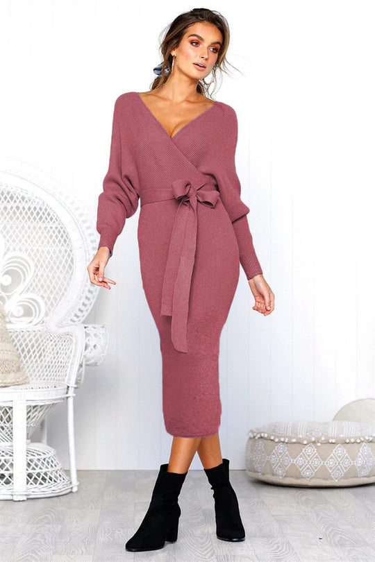 Damen Elegantes Wickelkleid mit einem Taillengürtel aus Strick EB