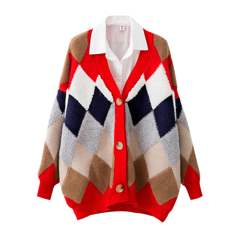 Damen lockerer Strickcardigan mit geometrischem Muster EB