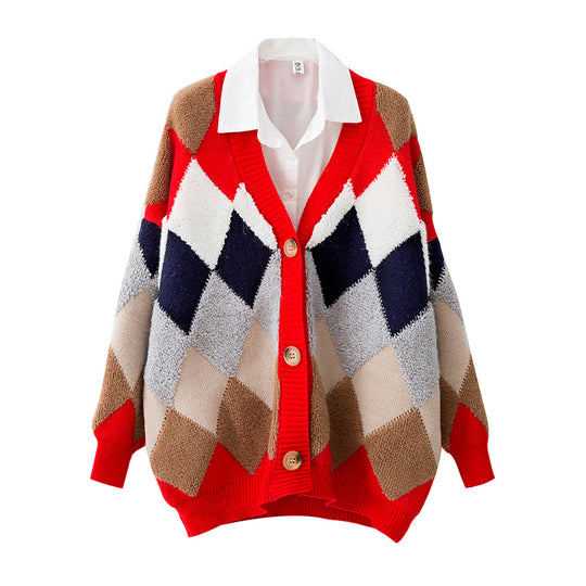 Damen lockerer Strickcardigan mit geometrischem Muster EB