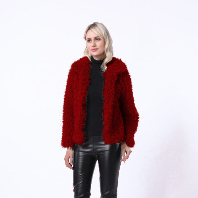 Damen Modischer Kunstpelzjacke mit elegantem Kragen und seitlichen Taschen EB