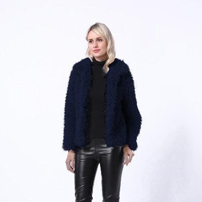 Damen Modischer Kunstpelzjacke mit elegantem Kragen und seitlichen Taschen EB
