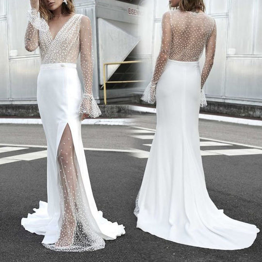 Damen Hochgeschlitztes Abendkleid mit transparentem Oberteil und Perlenapplikationen EB