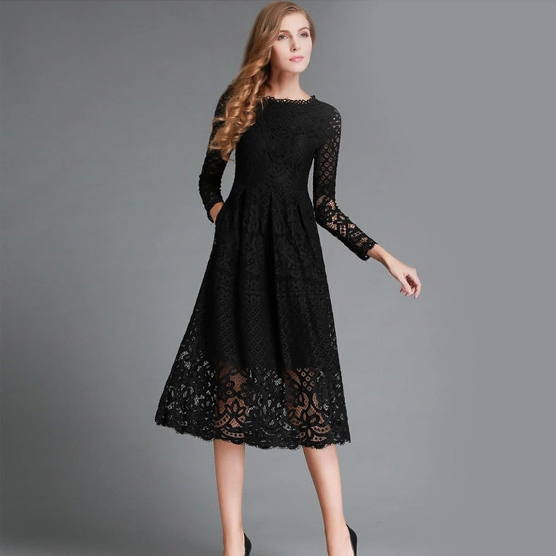 Damen Spitzen Midikleid mit langen Ärmeln und floralem Detail EB