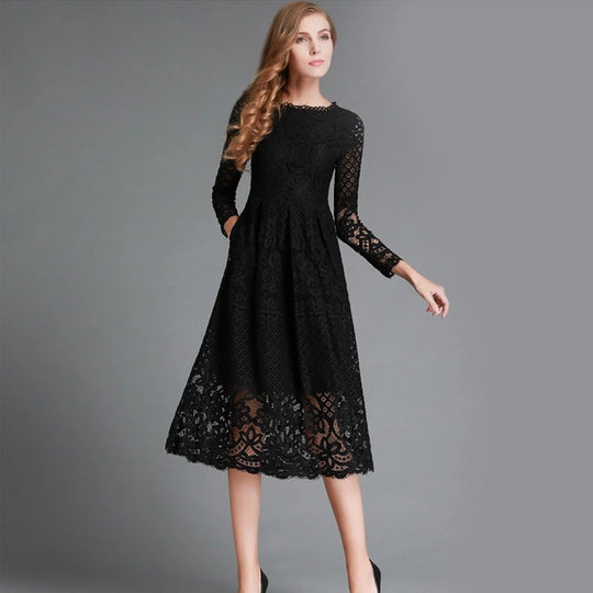 Damen Spitzen Midikleid mit langen Ärmeln und floralem Detail EB