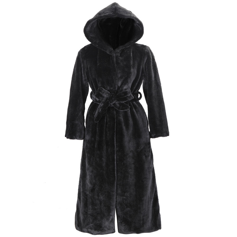 Damen Langer Kapuzenmantel aus Kunstfell mit Gürtel EB