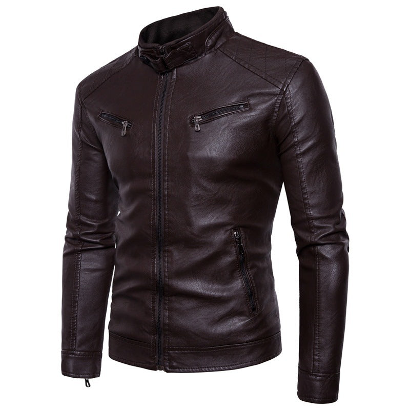 Herren elegante Kunstlederjacke mit modernen Reißverschlusstaschen EB