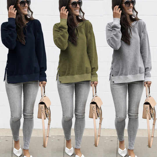 Damen lässiger Sweatpullover mit seitlichen Druckknöpfen EB
