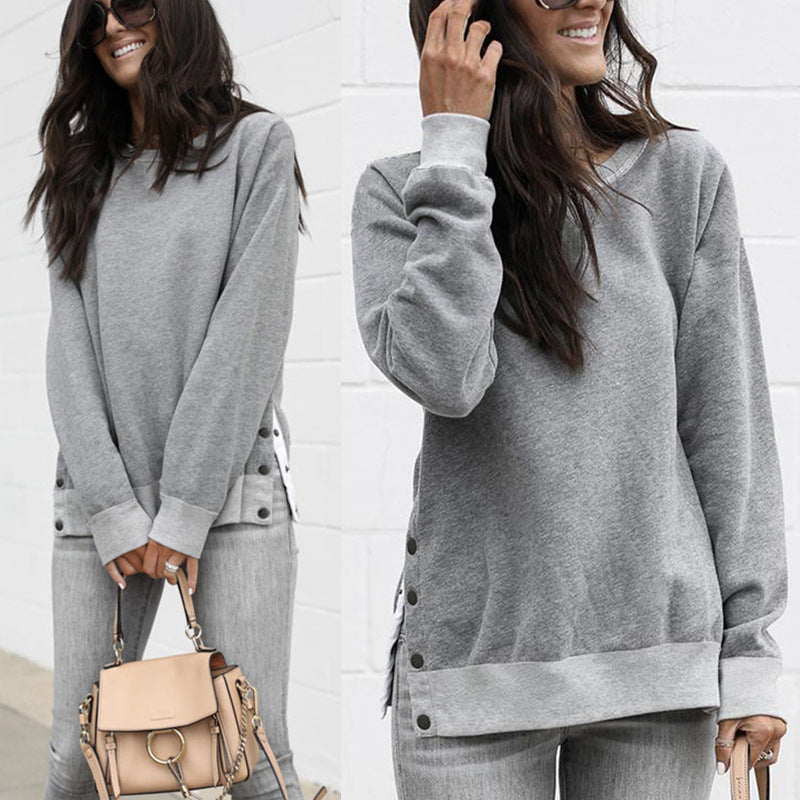 Damen lässiger Sweatpullover mit seitlichen Druckknöpfen EB