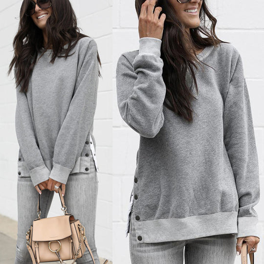 Damen lässiger Sweatpullover mit seitlichen Druckknöpfen EB