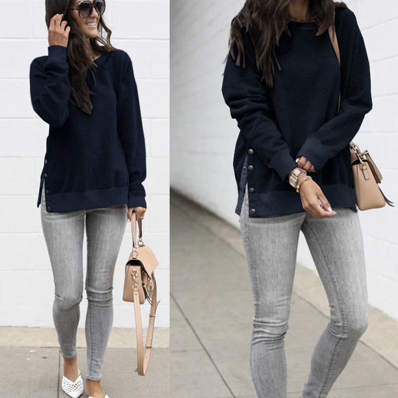 Damen lässiger Sweatpullover mit seitlichen Druckknöpfen EB