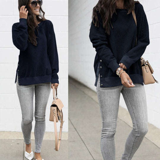 Damen lässiger Sweatpullover mit seitlichen Druckknöpfen EB