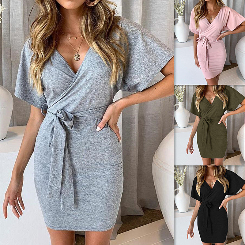 Damen Wickelkleid mit modischem Taillengürtel und tiefem V-Ausschnitt EB