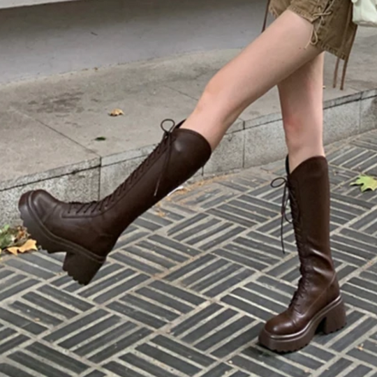 EB | Hohe Stiefel Damenstiefel mit Schnürung und Robuster Ferse