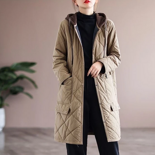 EB | Modern langer einfarbiger gepolsterter Mantel mit Knöpfen Ideal für Herbst/Winter