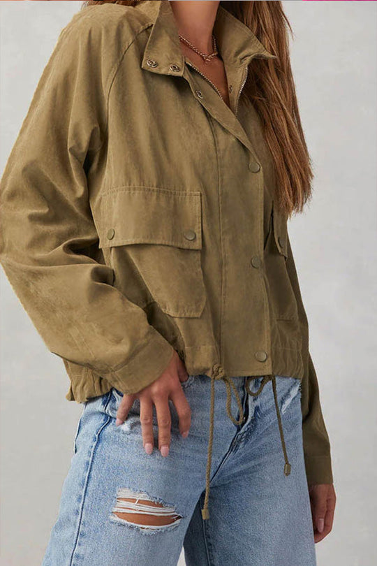 EB | kariert Revers Mehrknopf-Zwei-Taschen-Midi-Jacke