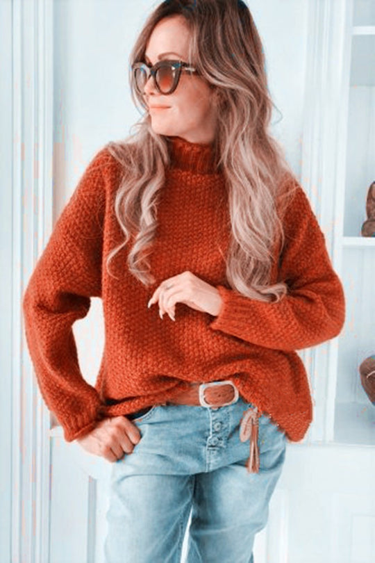 Damen lässiger Pullover mit hochgeschlossenem Kragen und strukturierter Maschenoptik EB