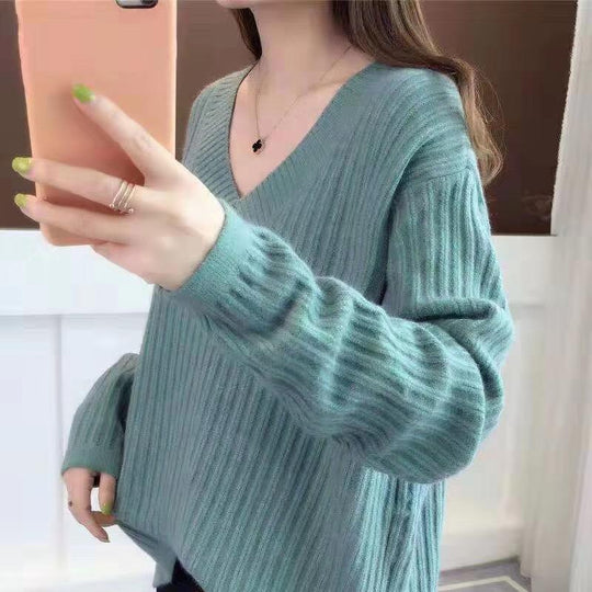 Damen V-Ausschnitt Strickpullover mit feiner Rippstruktur und lässigem Schnitt EB
