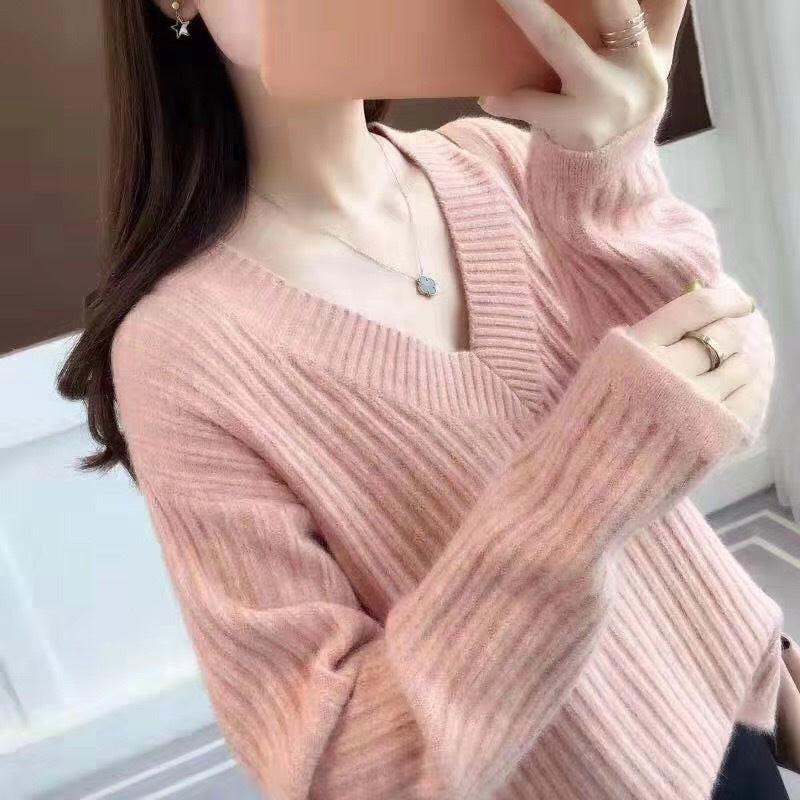 Damen V-Ausschnitt Strickpullover mit feiner Rippstruktur und lässigem Schnitt EB