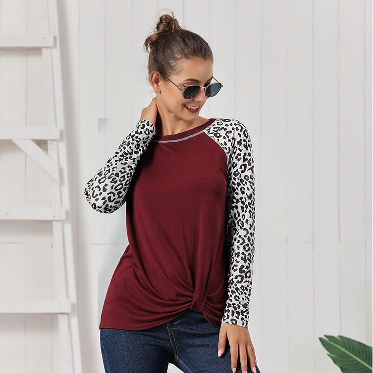 Damen Oberteil mit modischem Leopardenärmeln und lässigem Knoten-Design EB