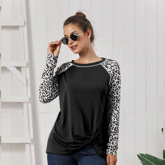 Damen Oberteil mit modischem Leopardenärmeln und lässigem Knoten-Design EB