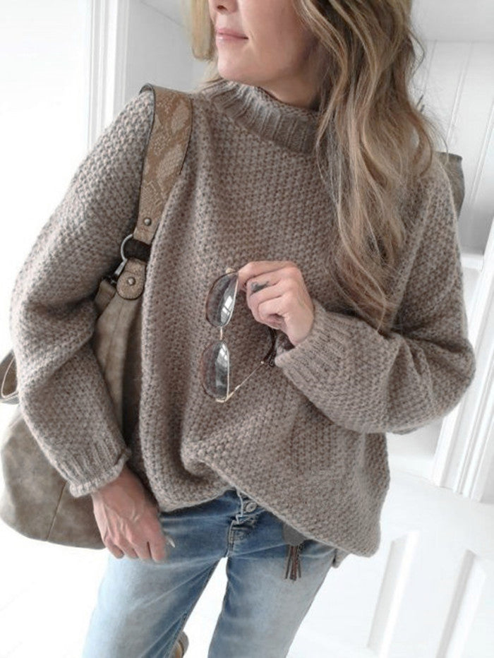 Damen lässiger Pullover mit hochgeschlossenem Kragen und strukturierter Maschenoptik EB