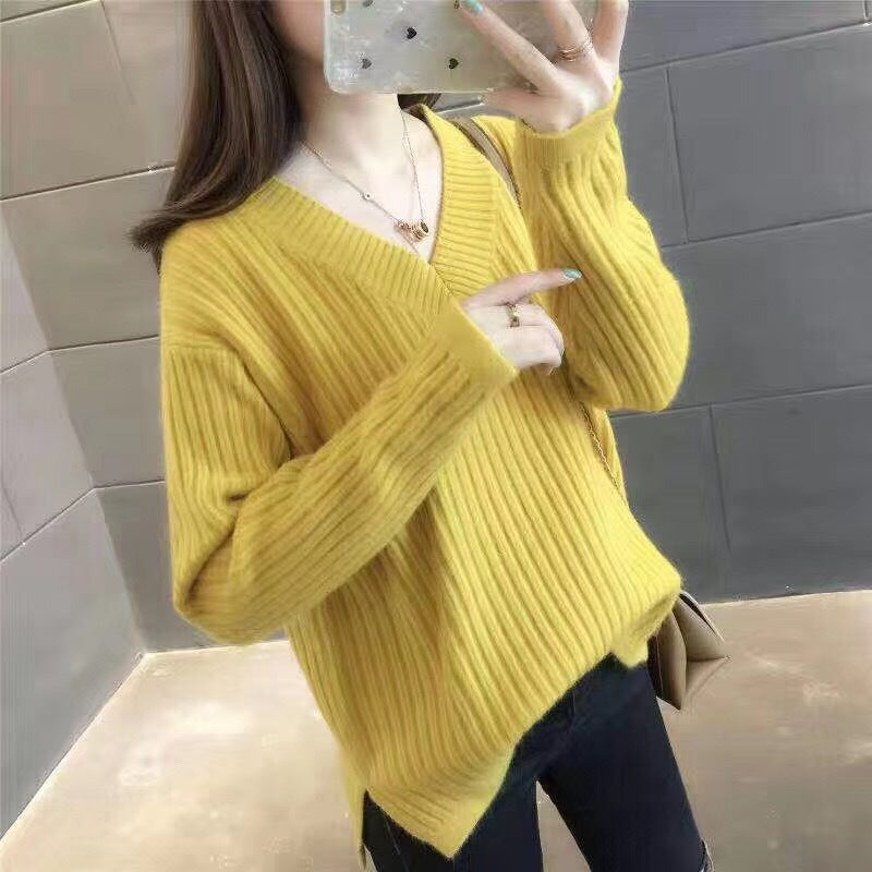 Damen V-Ausschnitt Strickpullover mit feiner Rippstruktur und lässigem Schnitt EB