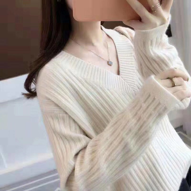 Damen V-Ausschnitt Strickpullover mit feiner Rippstruktur und lässigem Schnitt EB