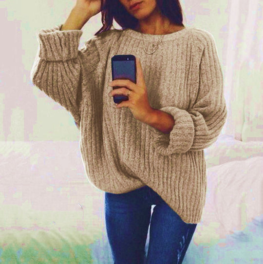 Damen Grobstrickpullover mit lockerem Schnitt und weitem Rundhalsausschnitt EB