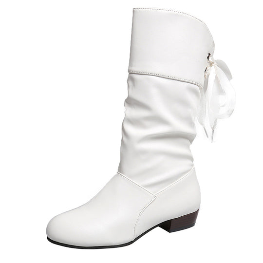 Damen elegante Stiefel mit modischem Raffungseffekt und verspieltem Schleifendetail EB