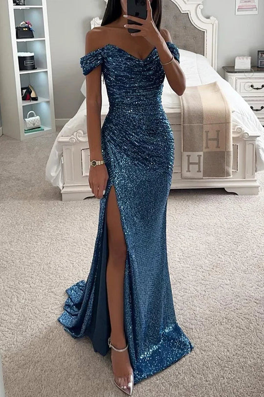 EB | Pailletten Off-Shoulder Raffung Schlitz Abend Maxi Kleid