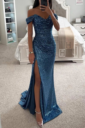 EB | Pailletten Off-Shoulder Raffung Schlitz Abend Maxi Kleid