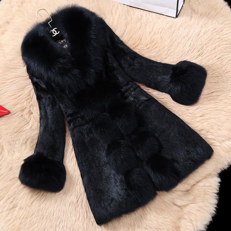 Damen eleganter Kunstfellmantel mit luxuriösem Kragen EB