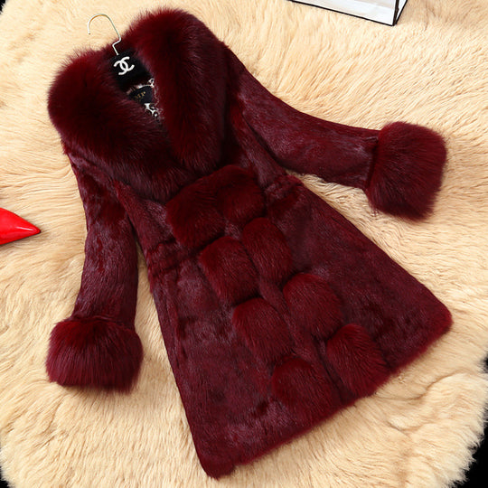 Damen eleganter Kunstfellmantel mit luxuriösem Kragen EB